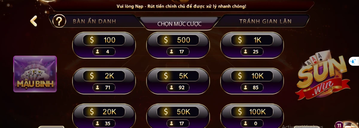 Game bài Mậu Binh tại tai Sunwin live có gì nổi bật