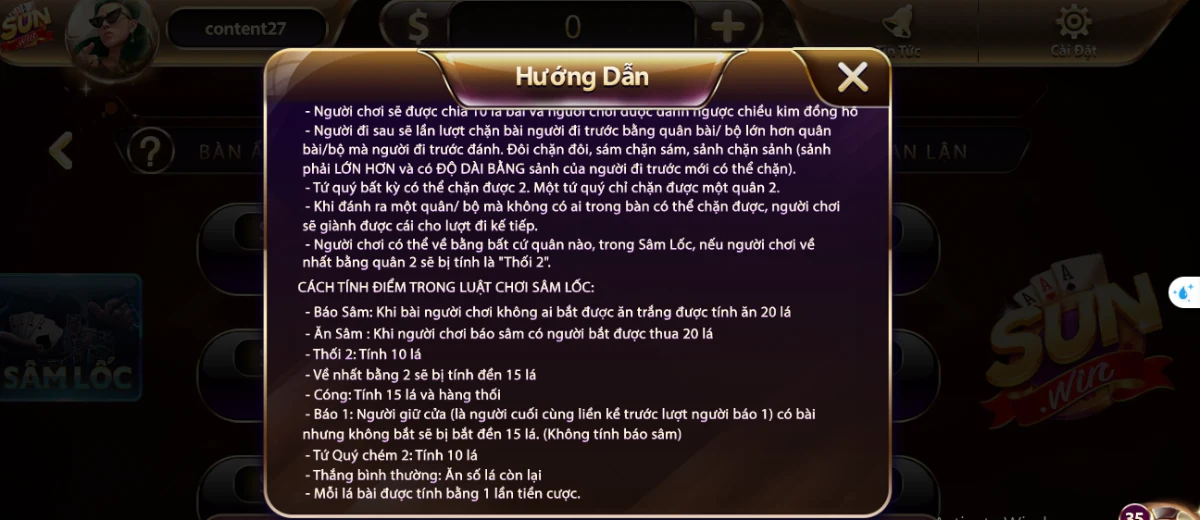 Hướng dẫn cách chơi của Sâm lốc nhà game Sunwin